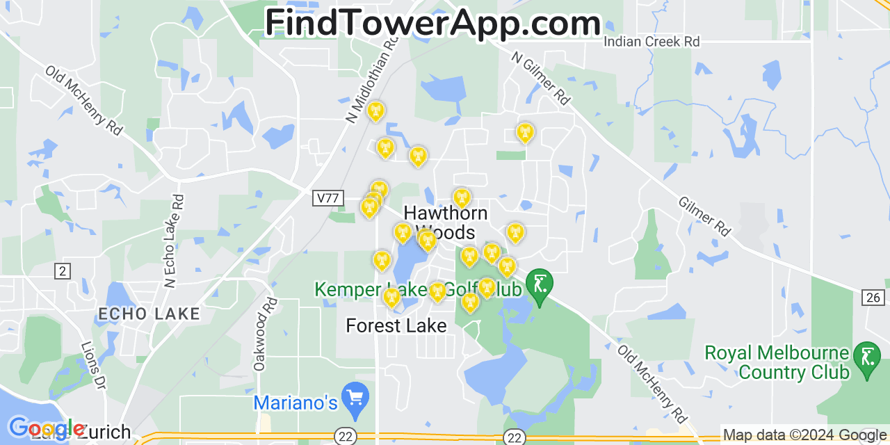 AT&T 4G/5G cell tower coverage map Hawthorn Woods, Illinois