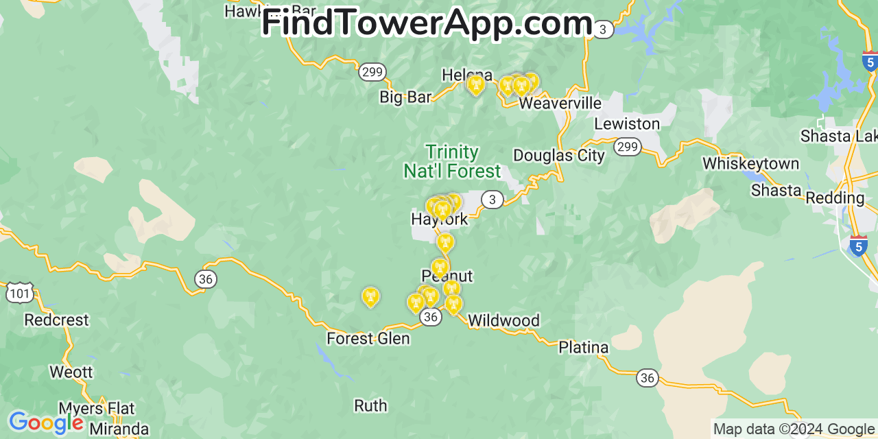 AT&T 4G/5G cell tower coverage map Hayfork, California