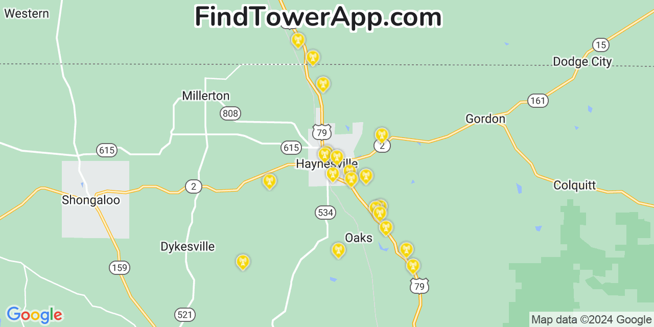 AT&T 4G/5G cell tower coverage map Haynesville, Louisiana