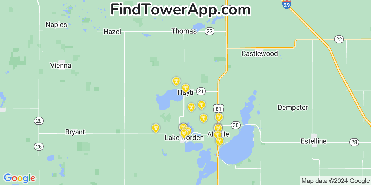 AT&T 4G/5G cell tower coverage map Hayti, South Dakota