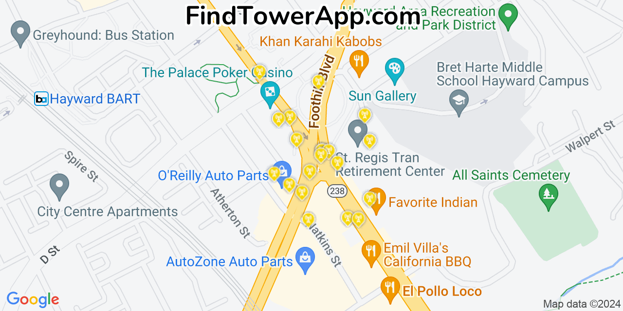 AT&T 4G/5G cell tower coverage map Hayward, California