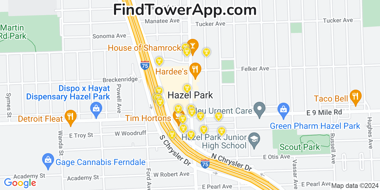 AT&T 4G/5G cell tower coverage map Hazel Park, Michigan