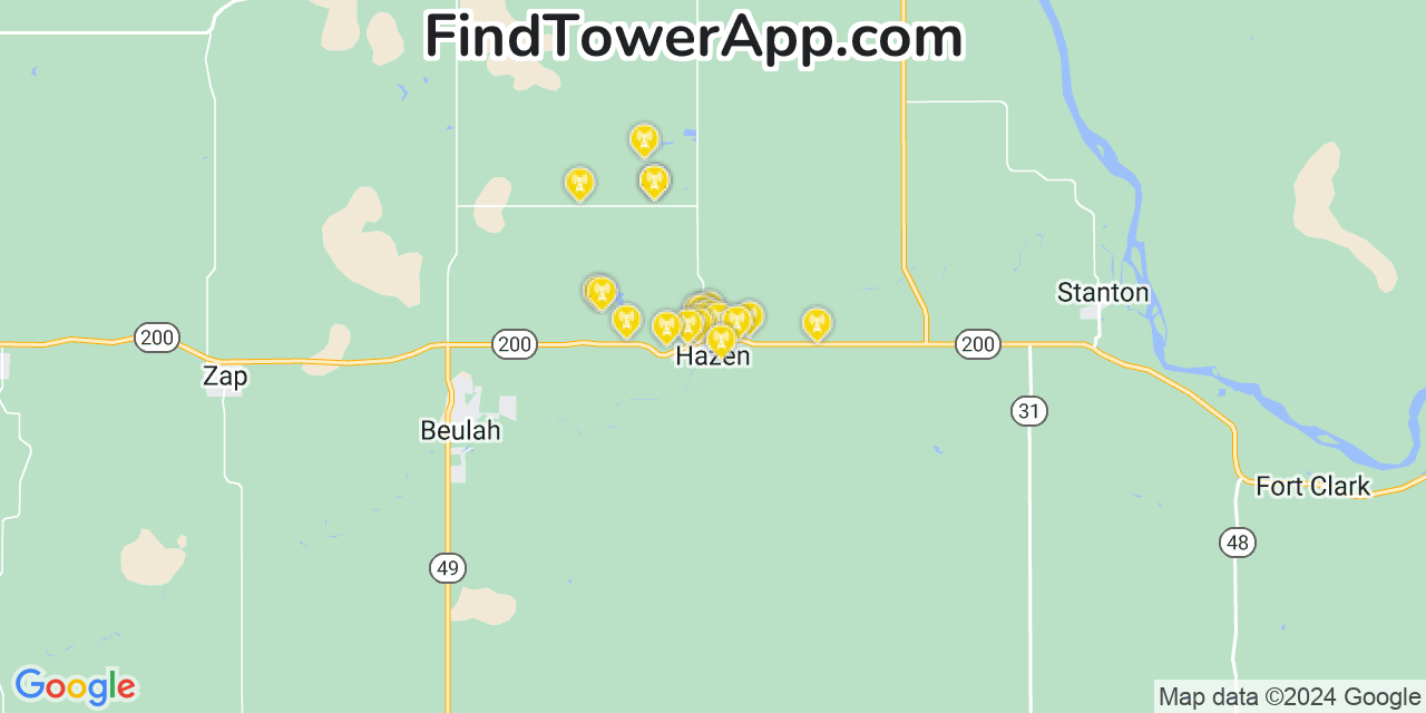 AT&T 4G/5G cell tower coverage map Hazen, North Dakota