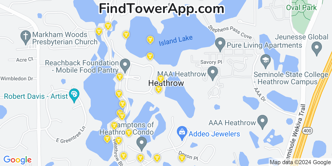 AT&T 4G/5G cell tower coverage map Heathrow, Florida