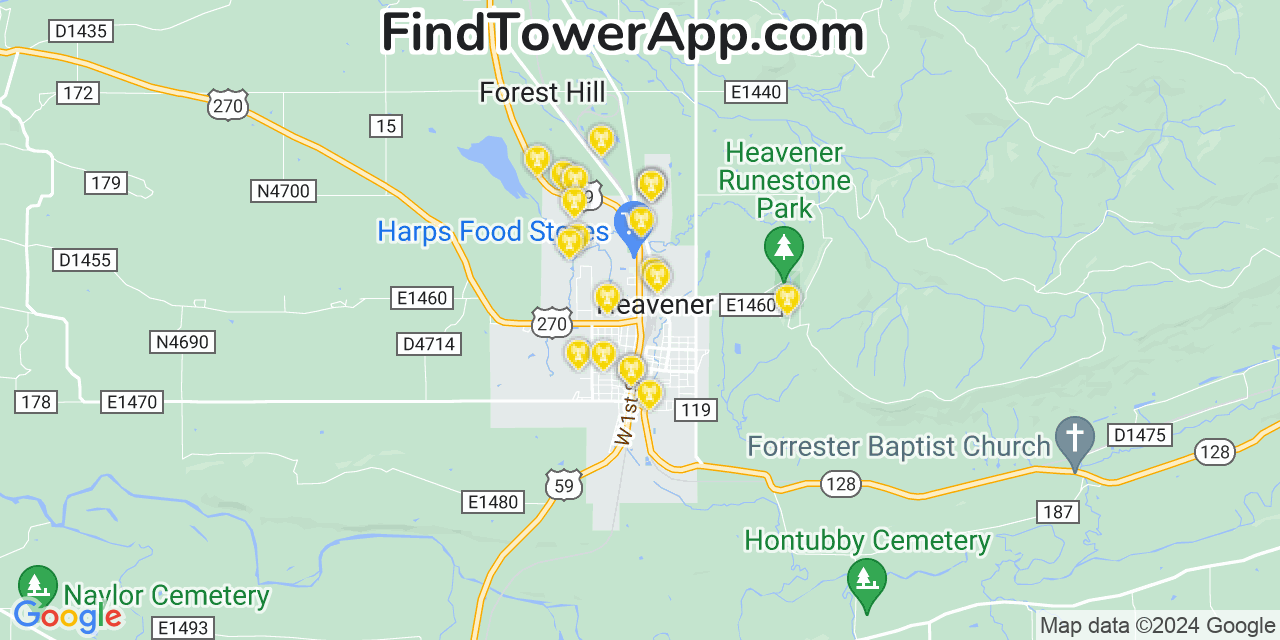 AT&T 4G/5G cell tower coverage map Heavener, Oklahoma