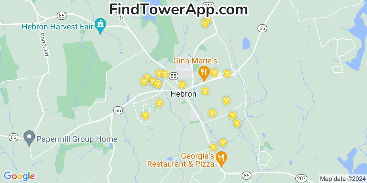 AT&T 4G/5G cell tower coverage map Hebron, Connecticut