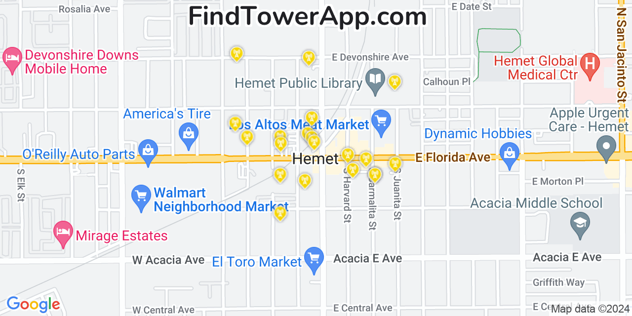 AT&T 4G/5G cell tower coverage map Hemet, California