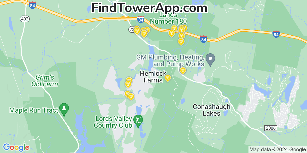 Verizon 4G/5G cell tower coverage map Hemlock Farms, Pennsylvania