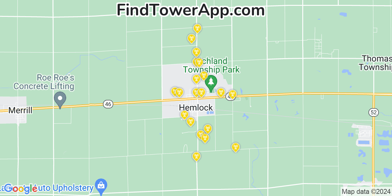 Verizon 4G/5G cell tower coverage map Hemlock, Michigan