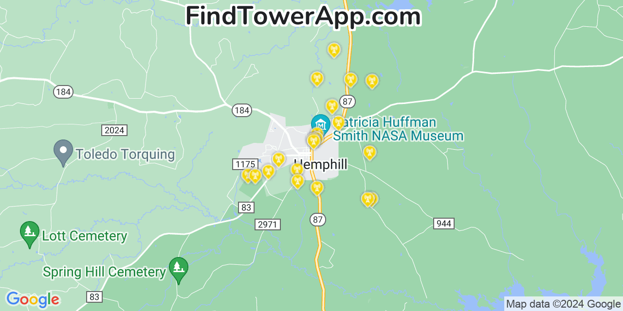 Verizon 4G/5G cell tower coverage map Hemphill, Texas