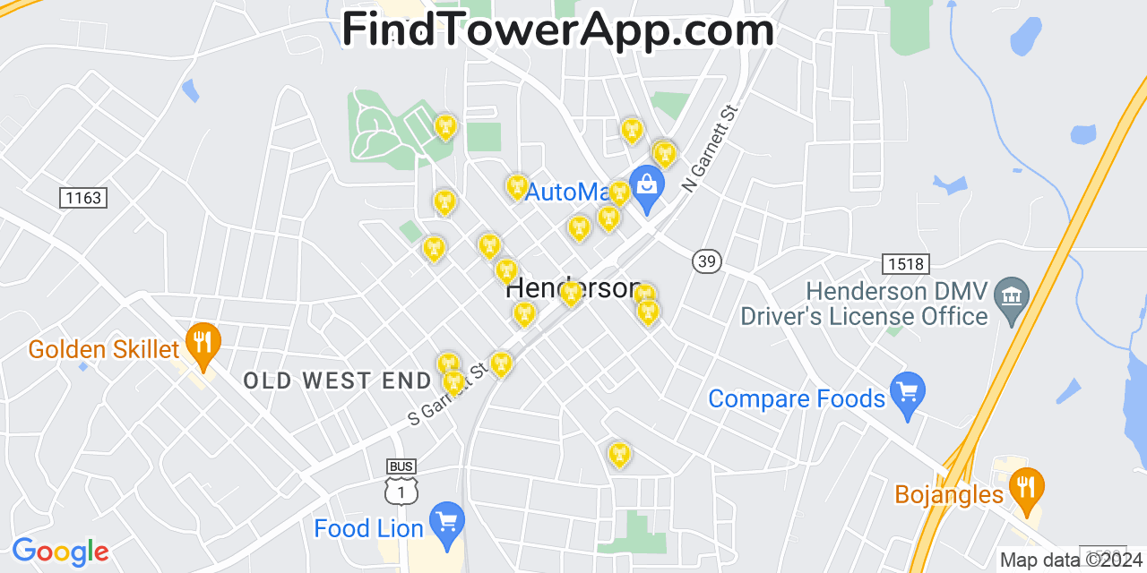 AT&T 4G/5G cell tower coverage map Henderson, North Carolina