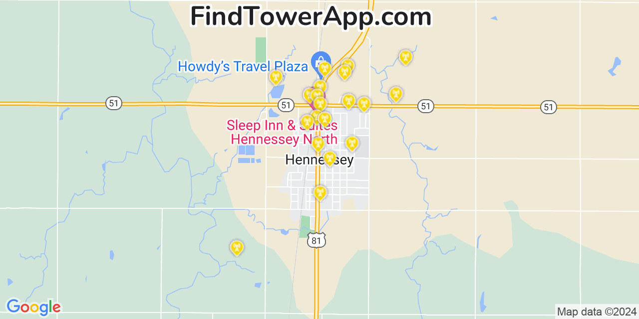 AT&T 4G/5G cell tower coverage map Hennessey, Oklahoma