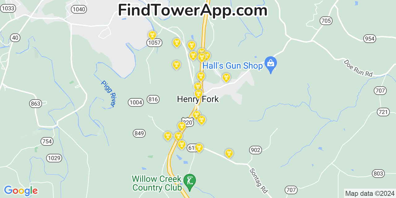 AT&T 4G/5G cell tower coverage map Henry Fork, Virginia