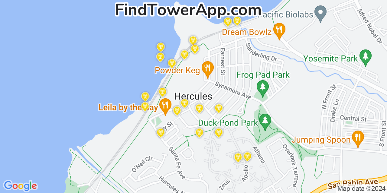 AT&T 4G/5G cell tower coverage map Hercules, California