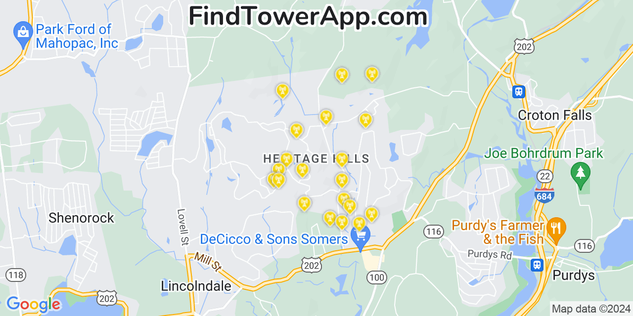 AT&T 4G/5G cell tower coverage map Heritage Hills, New York