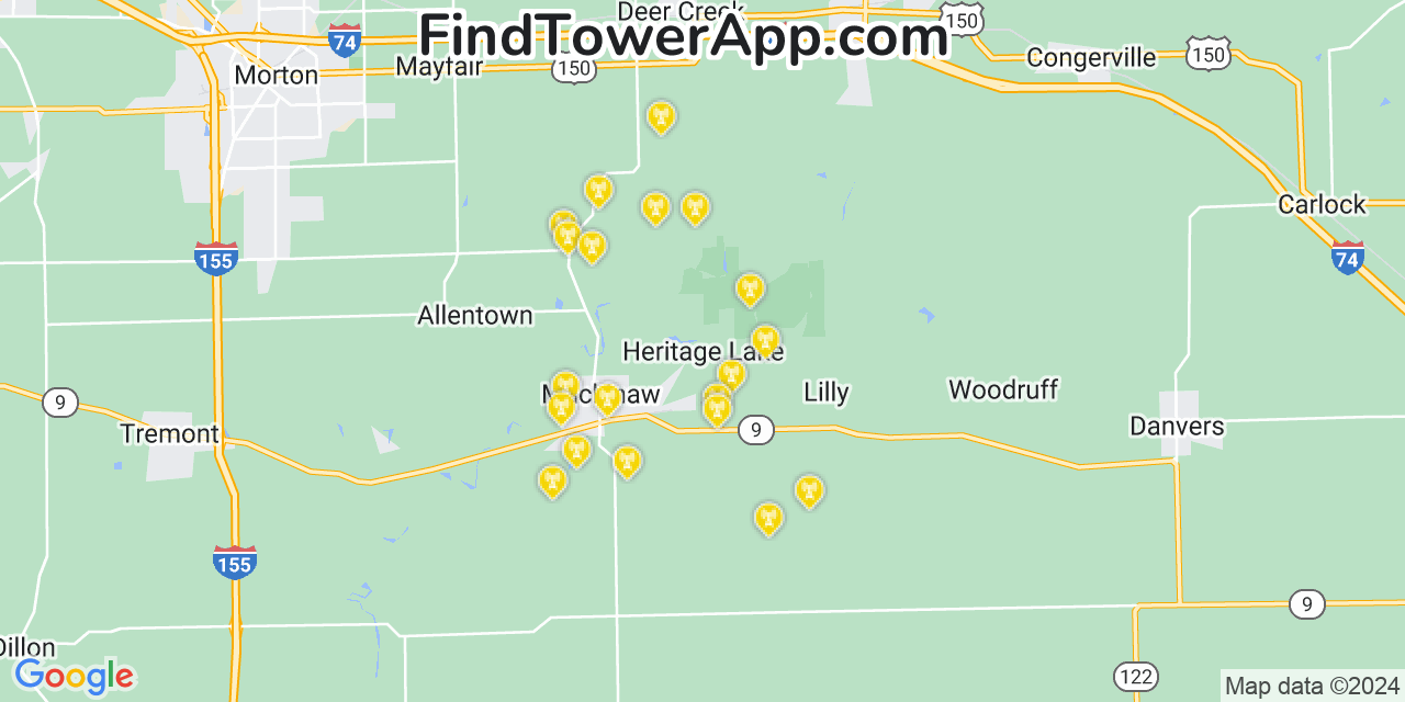 Verizon 4G/5G cell tower coverage map Heritage Lake, Illinois