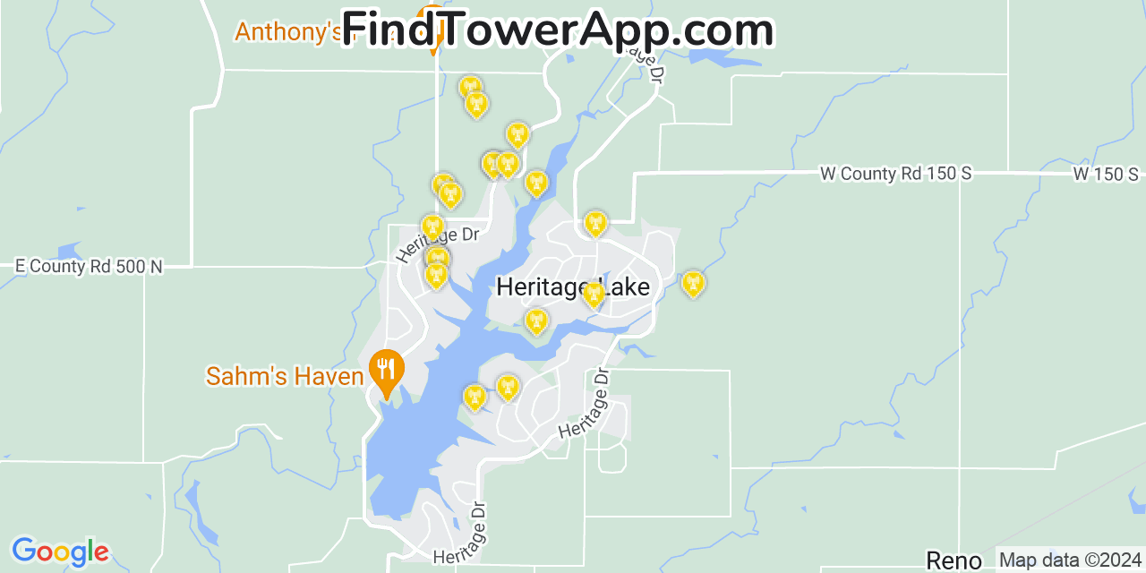 AT&T 4G/5G cell tower coverage map Heritage Lake, Indiana