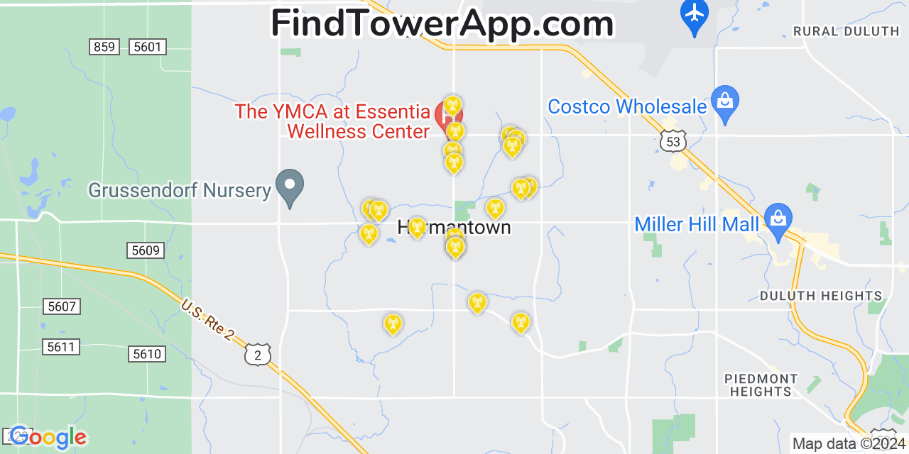 AT&T 4G/5G cell tower coverage map Hermantown, Minnesota