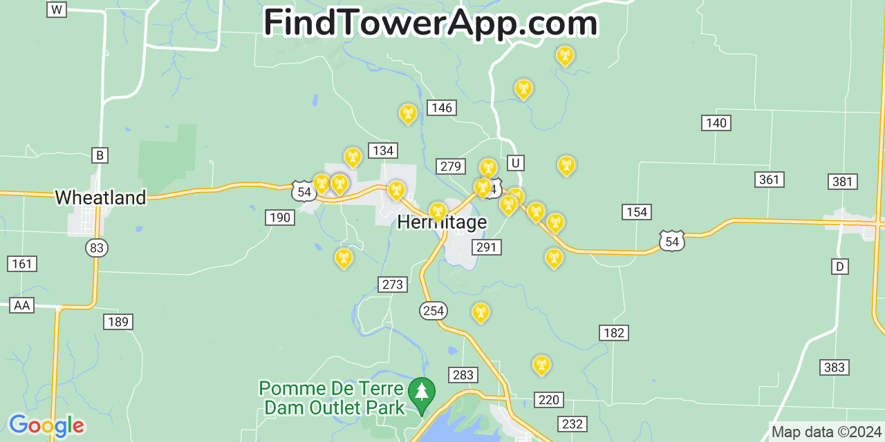 AT&T 4G/5G cell tower coverage map Hermitage, Missouri