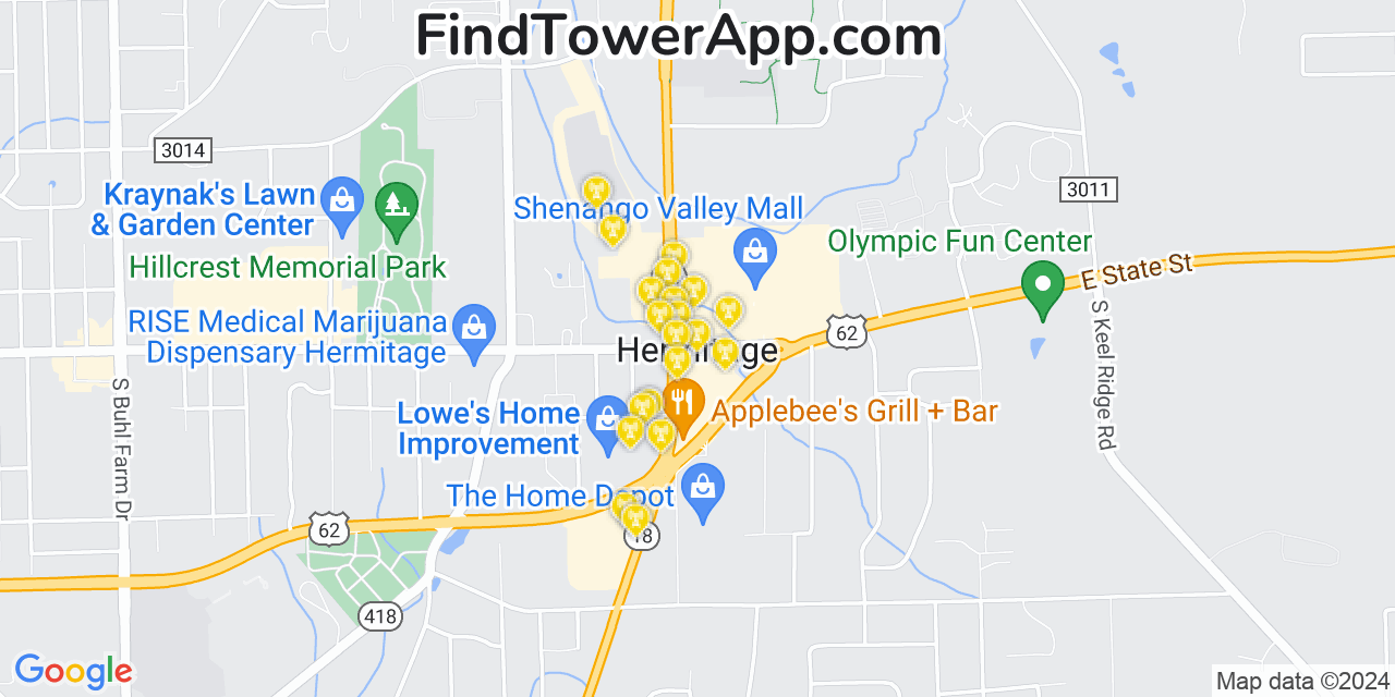 AT&T 4G/5G cell tower coverage map Hermitage, Pennsylvania