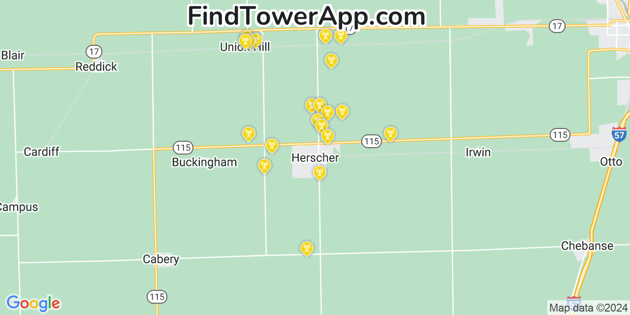 AT&T 4G/5G cell tower coverage map Herscher, Illinois
