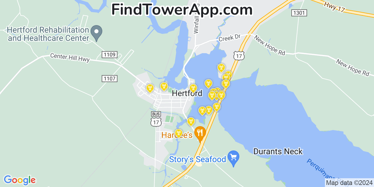 AT&T 4G/5G cell tower coverage map Hertford, North Carolina