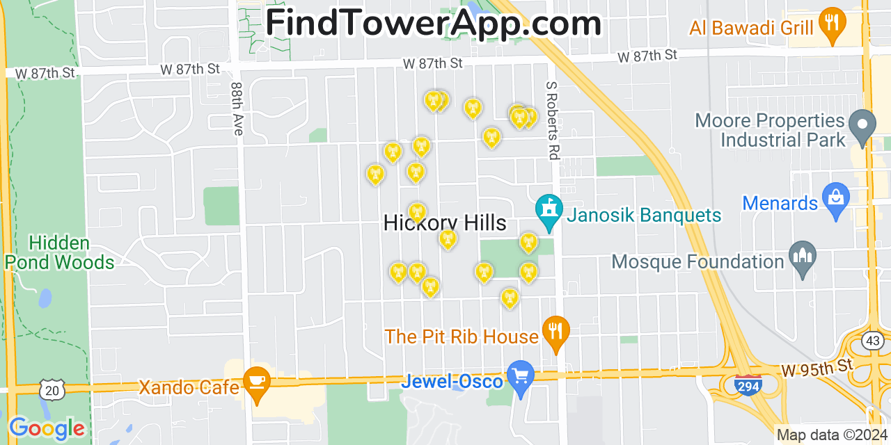 AT&T 4G/5G cell tower coverage map Hickory Hills, Illinois
