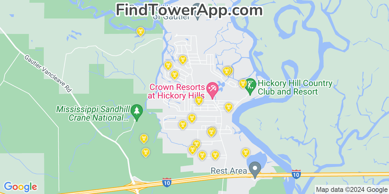 AT&T 4G/5G cell tower coverage map Hickory Hills, Mississippi