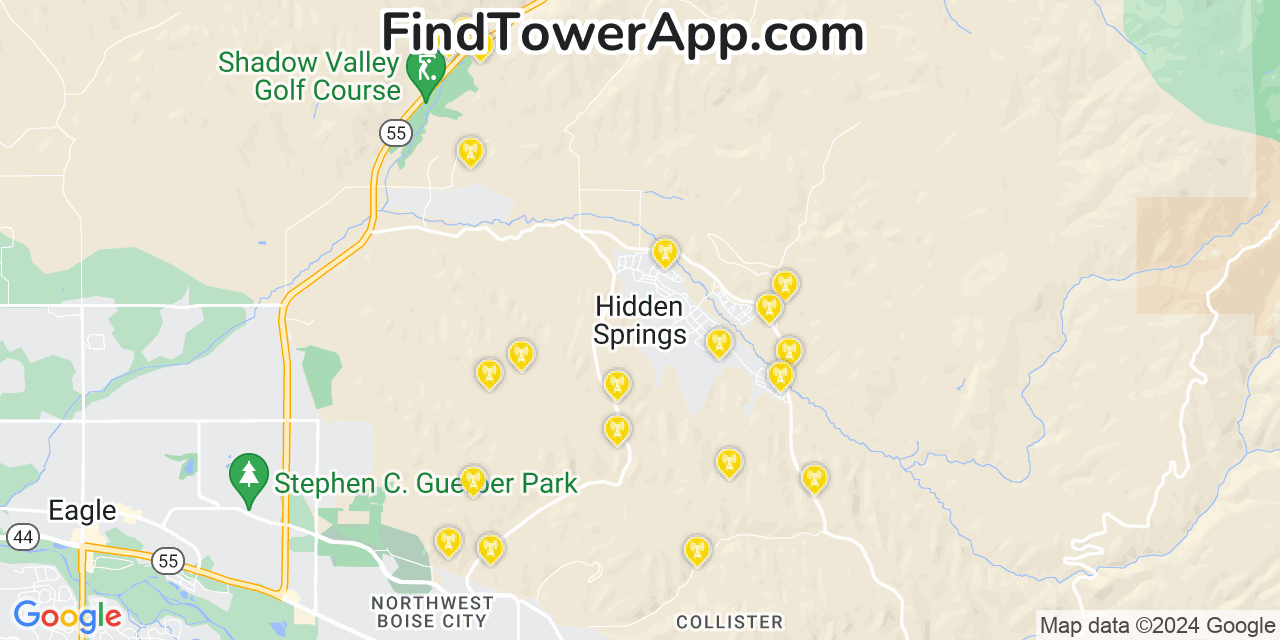 AT&T 4G/5G cell tower coverage map Hidden Spring, Idaho