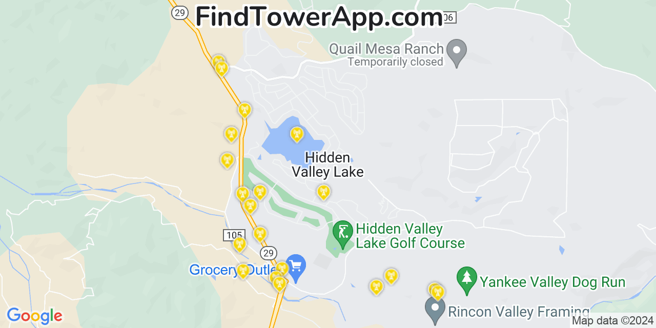 Verizon 4G/5G cell tower coverage map Hidden Valley Lake, California