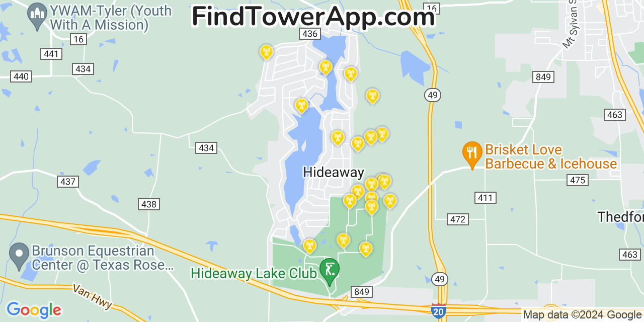 Verizon 4G/5G cell tower coverage map Hideaway, Texas