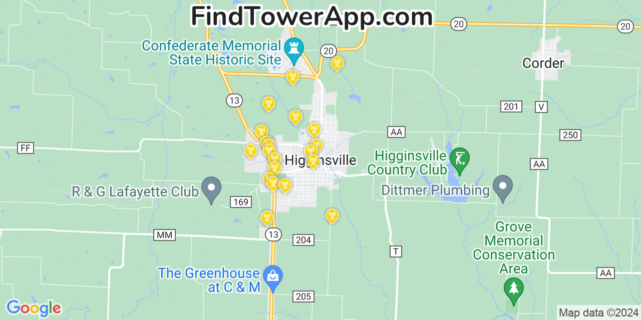 Verizon 4G/5G cell tower coverage map Higginsville, Missouri
