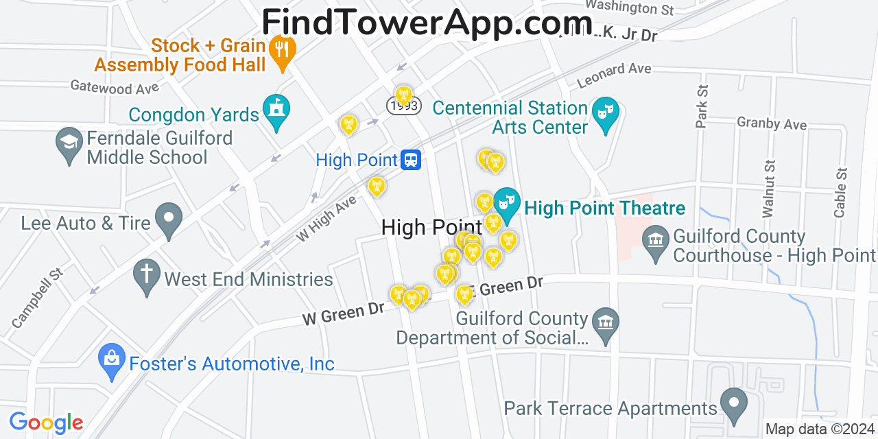 AT&T 4G/5G cell tower coverage map High Point, North Carolina