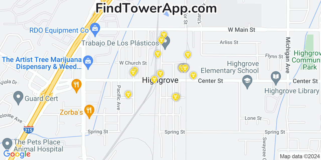 AT&T 4G/5G cell tower coverage map Highgrove, California