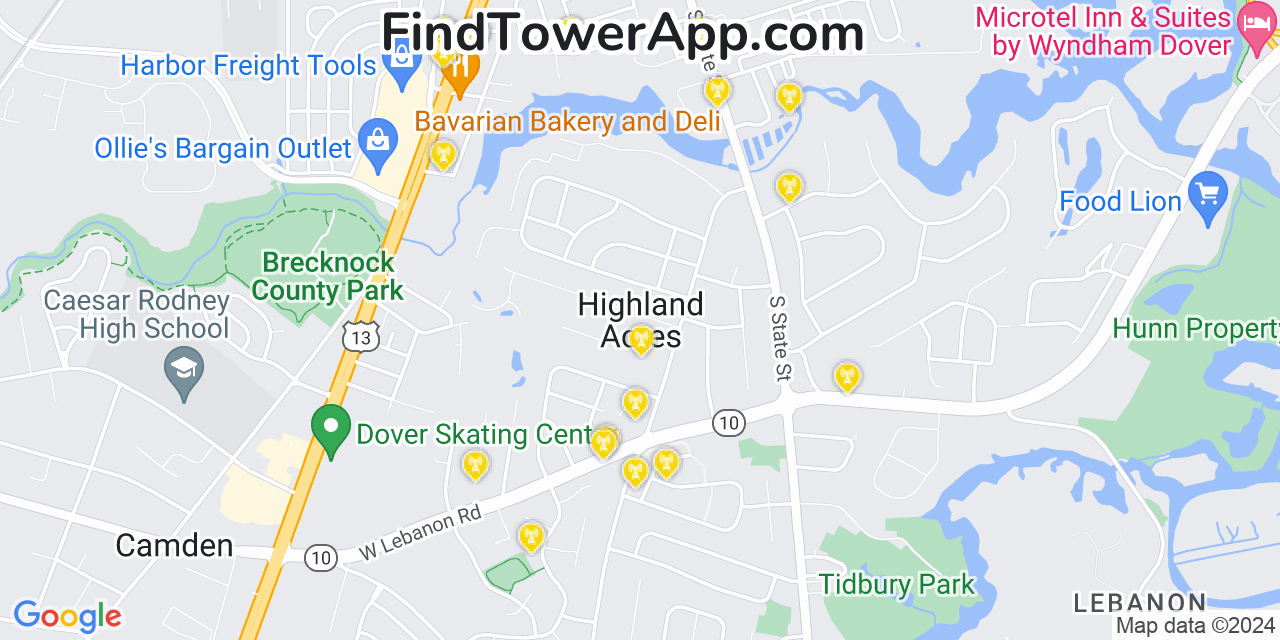 AT&T 4G/5G cell tower coverage map Highland Acres, Delaware