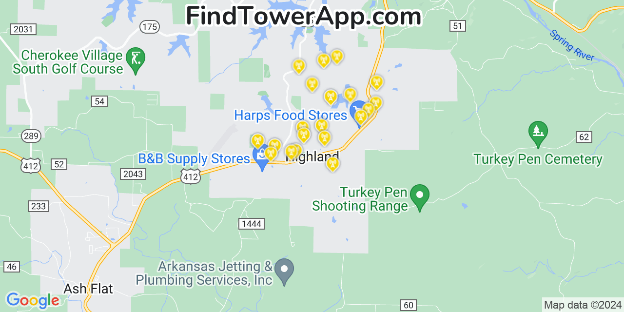 AT&T 4G/5G cell tower coverage map Highland, Arkansas