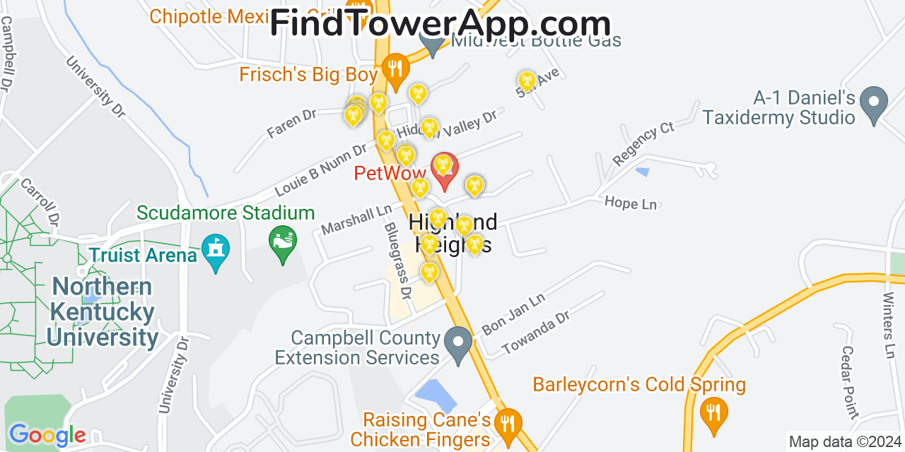 AT&T 4G/5G cell tower coverage map Highland Heights, Kentucky