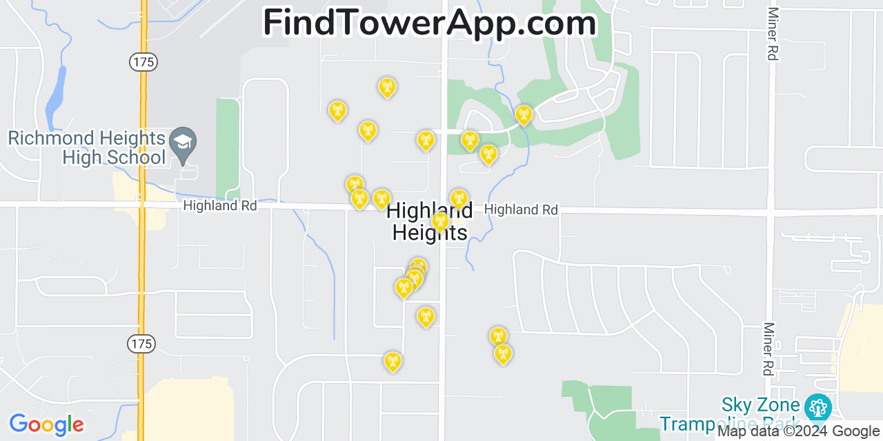AT&T 4G/5G cell tower coverage map Highland Heights, Ohio