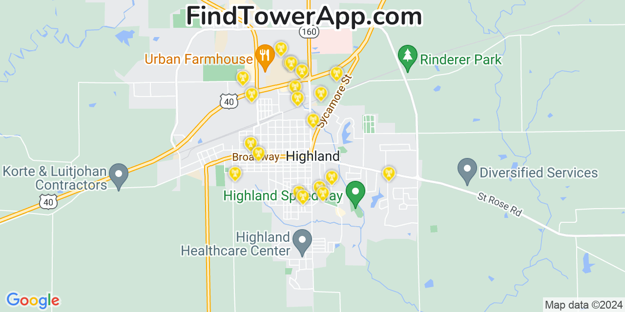 AT&T 4G/5G cell tower coverage map Highland, Illinois