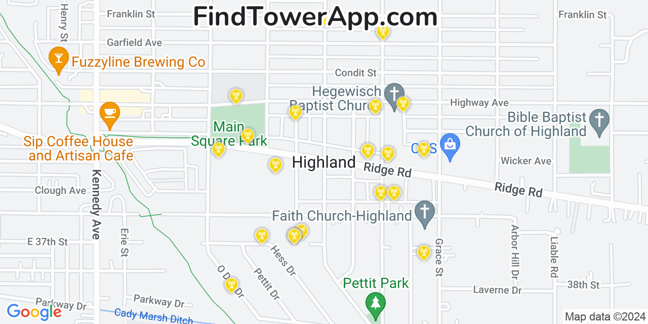 AT&T 4G/5G cell tower coverage map Highland, Indiana
