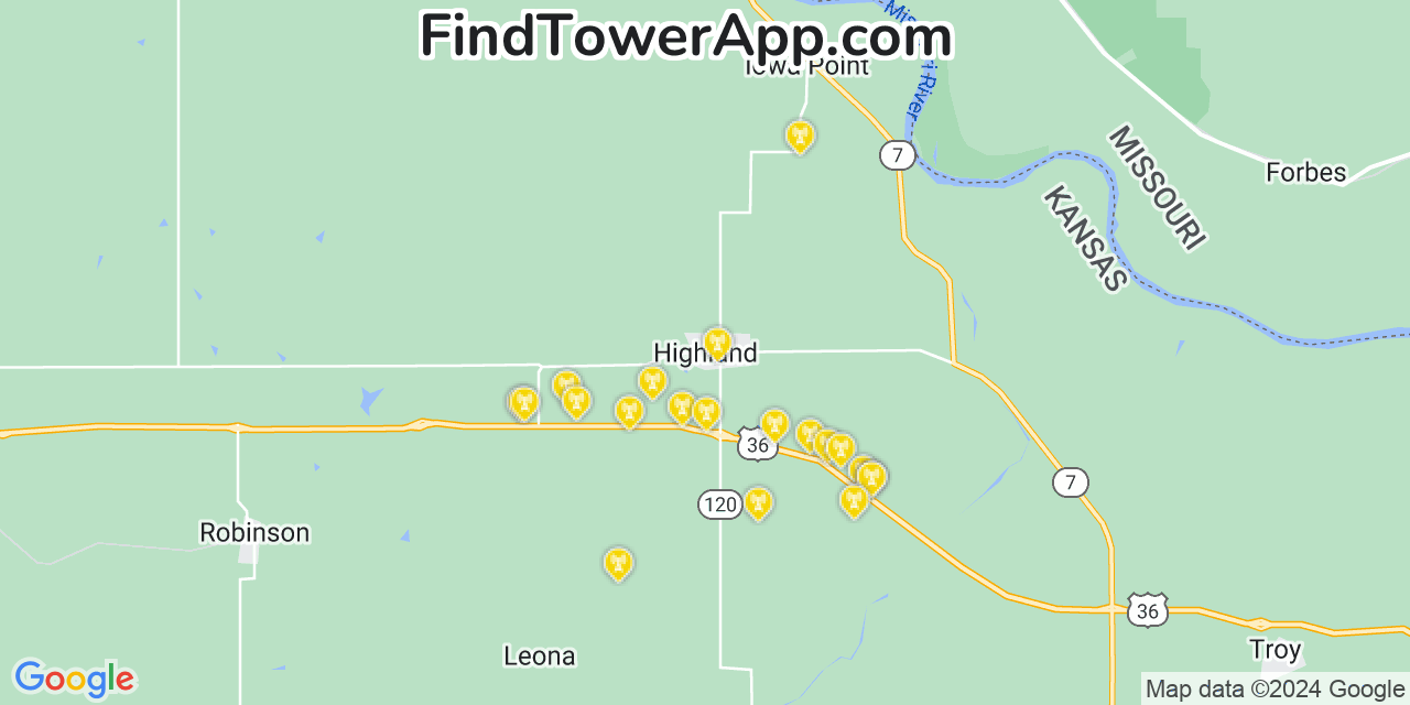 Verizon 4G/5G cell tower coverage map Highland, Kansas