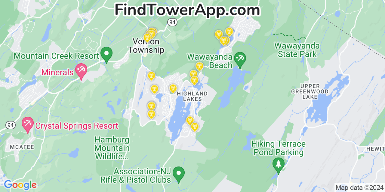 AT&T 4G/5G cell tower coverage map Highland Lake, New Jersey