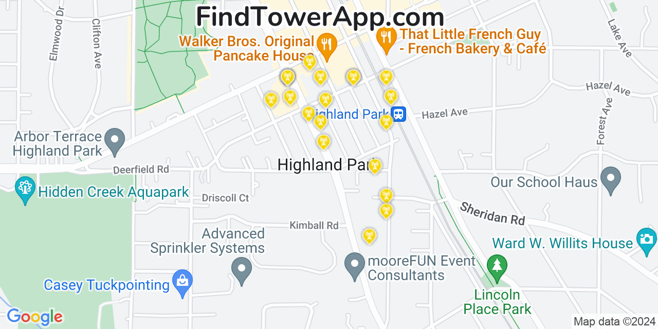 AT&T 4G/5G cell tower coverage map Highland Park, Illinois