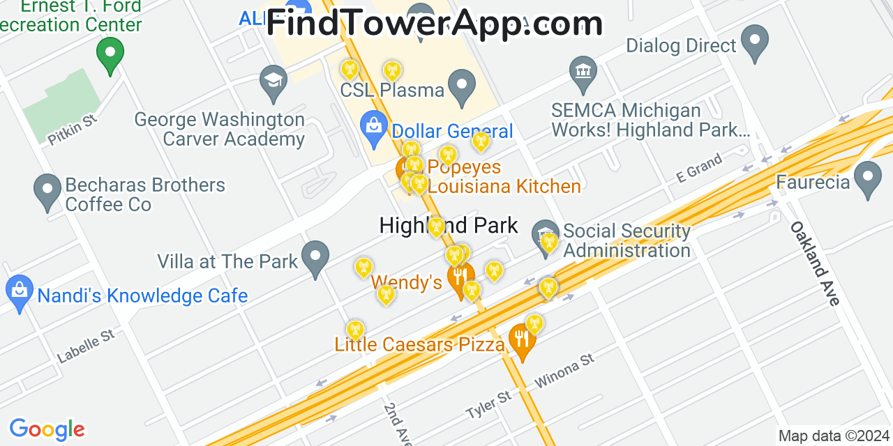 AT&T 4G/5G cell tower coverage map Highland Park, Michigan