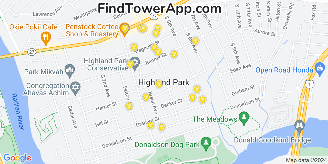 AT&T 4G/5G cell tower coverage map Highland Park, New Jersey