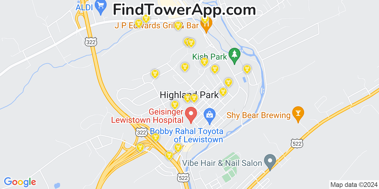 AT&T 4G/5G cell tower coverage map Highland Park, Pennsylvania