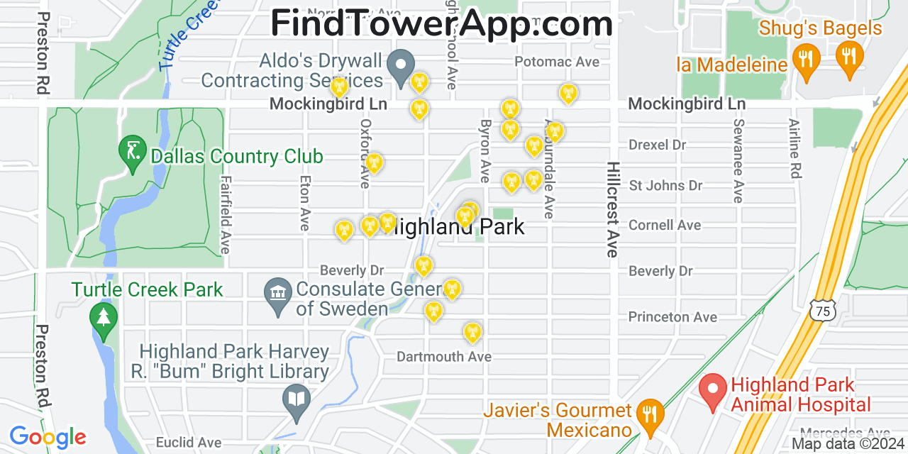 AT&T 4G/5G cell tower coverage map Highland Park, Texas