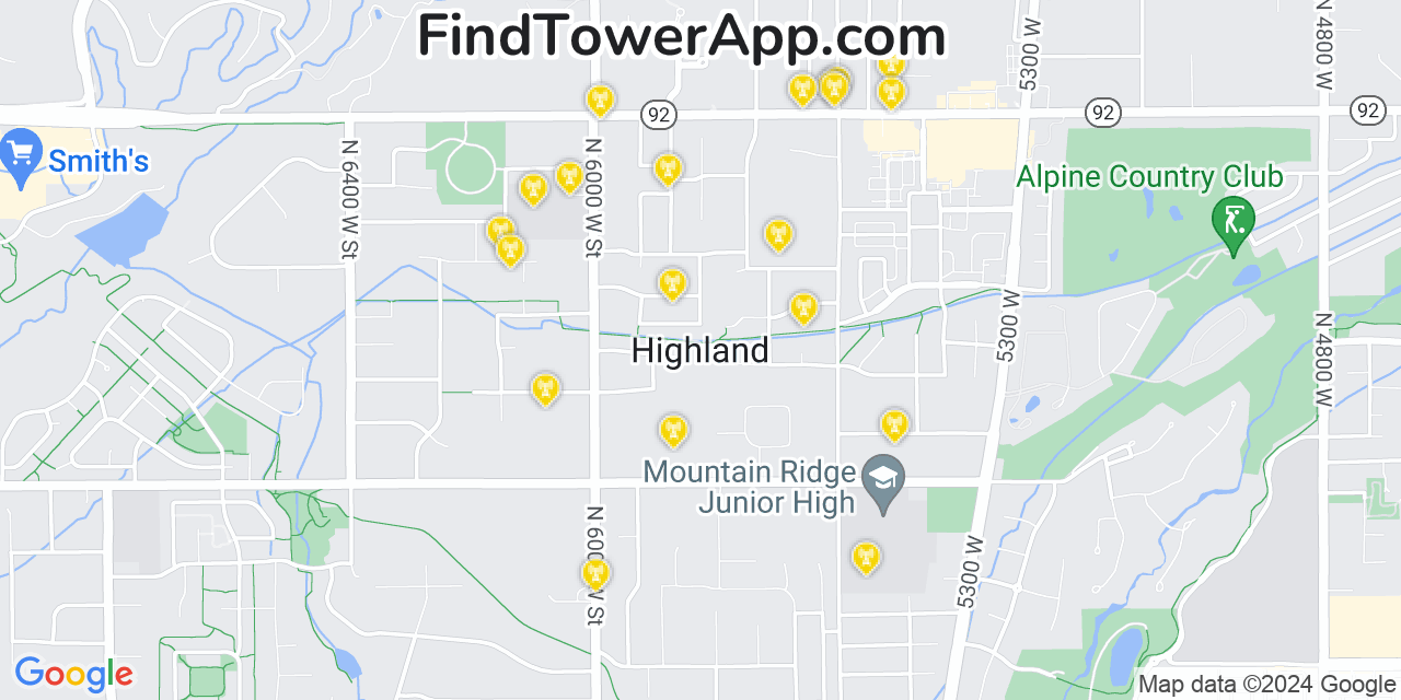 AT&T 4G/5G cell tower coverage map Highland, Utah