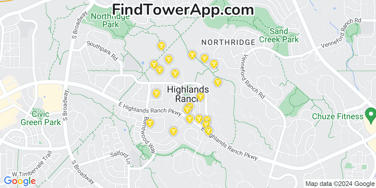 AT&T 4G/5G cell tower coverage map Highlands Ranch, Colorado