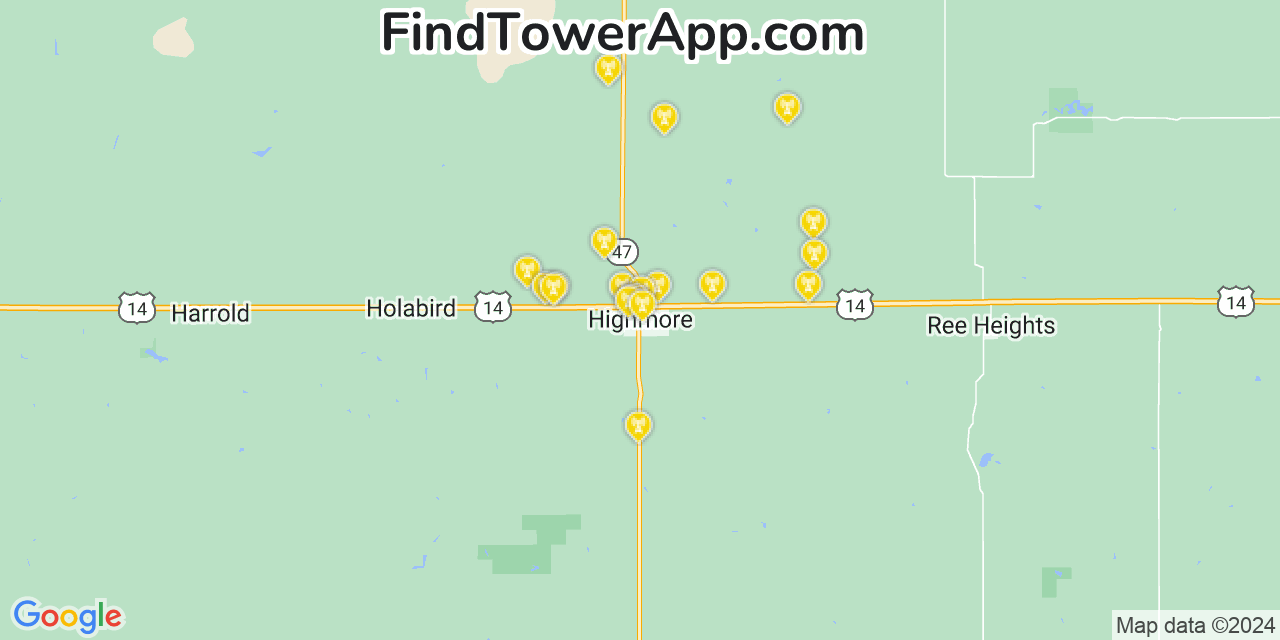 AT&T 4G/5G cell tower coverage map Highmore, South Dakota